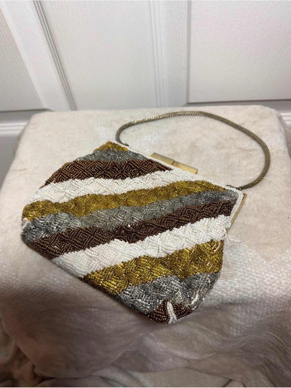 Vintage Beaded Chevron Clutch in Gold, Silver, Brown & White